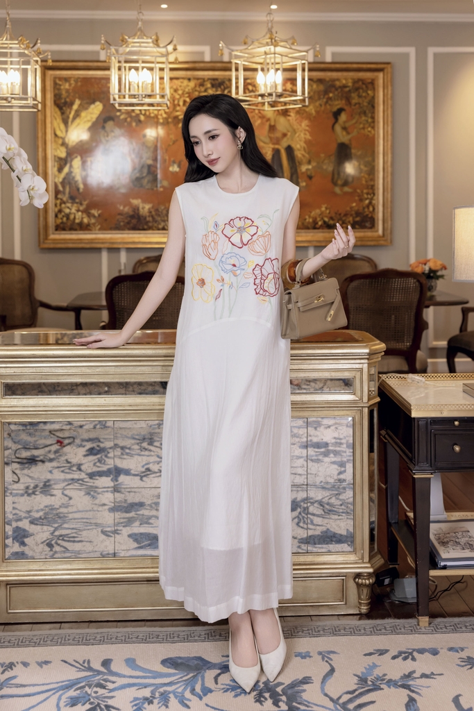 SWANLAKE | Váy Đầm Nữ Suông Maxi Xòe Sát Nách Cotton Cát Lót Thêu Hoa Tiệc Công Sở Thanh Lịch D12935LW01