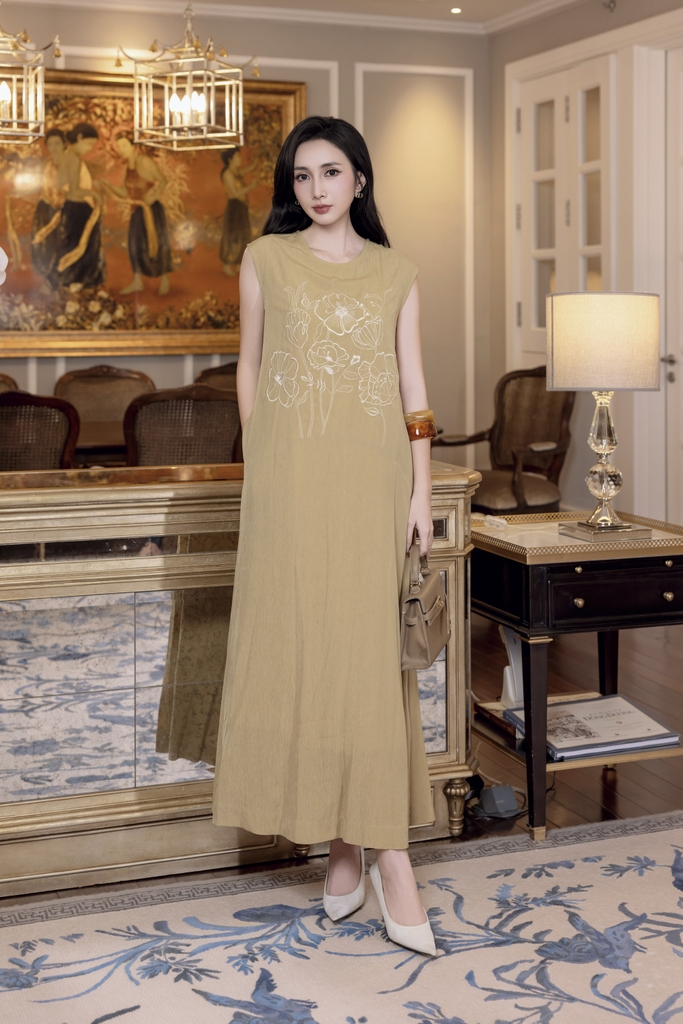 SWANLAKE | Váy Đầm Nữ Suông Maxi Xòe Sát Nách Cotton Cát Lót Thêu Hoa Tiệc Công Sở Thanh Lịch D12935LW01