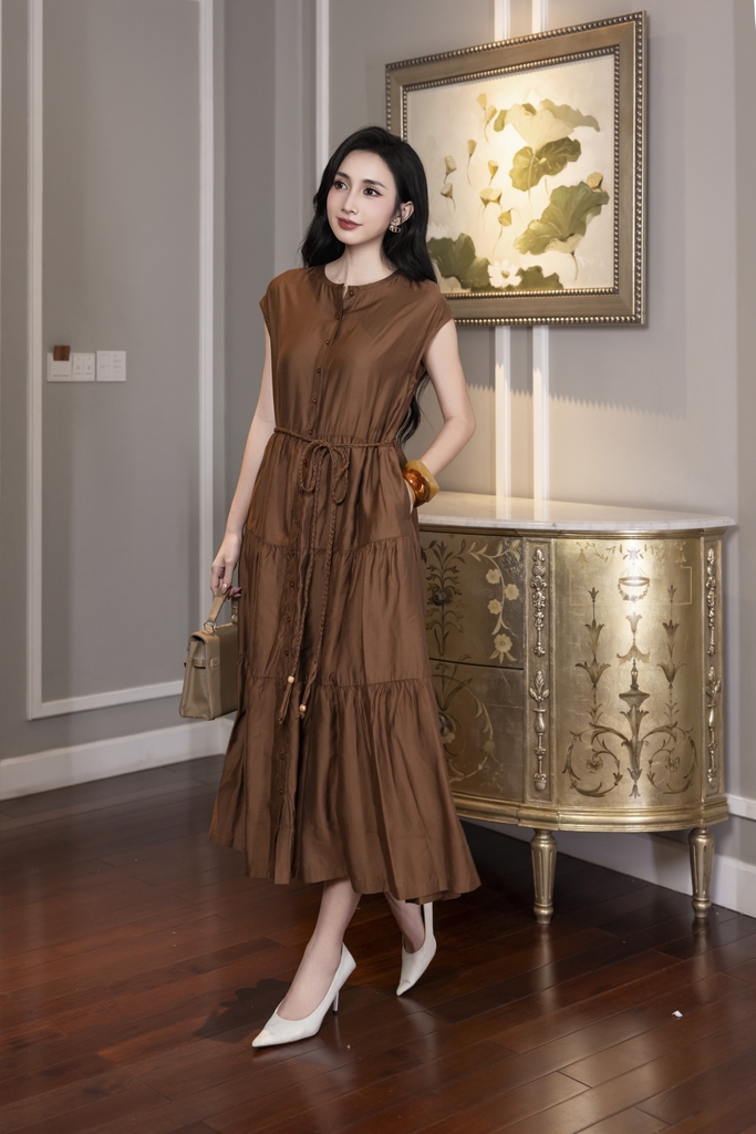 SWANLAKE | Váy Đầm Midi Có Cột Dây Chất Tơ Tay Hến D12971LW01