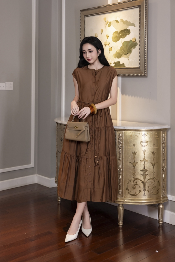 SWANLAKE | Váy Đầm Midi Có Cột Dây Chất Tơ Tay Hến D12971LW01