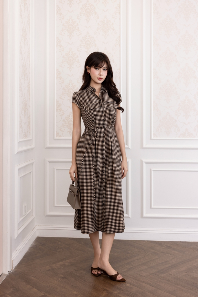 SWANLAKE | Váy Đầm Nữ Sơ Mi Caro Vải Linen Tay Ngắn Chiết Eo Buộc Dây Công Sở Dạo Phố D13800LW01