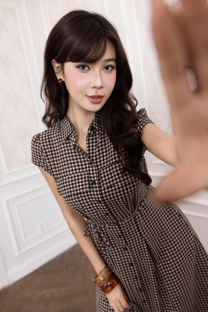 SWANLAKE | Váy Đầm Nữ Sơ Mi Caro Vải Linen Tay Ngắn Chiết Eo Buộc Dây Công Sở Dạo Phố D13800LW01