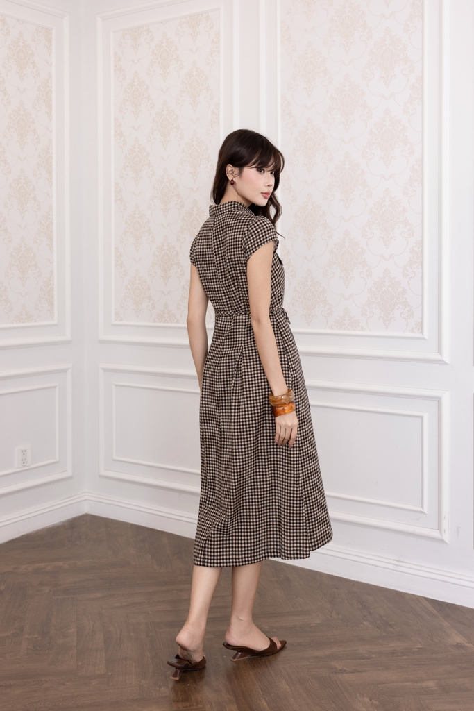 SWANLAKE | Váy Đầm Nữ Sơ Mi Caro Vải Linen Tay Ngắn Chiết Eo Buộc Dây Công Sở Dạo Phố D13800LW01