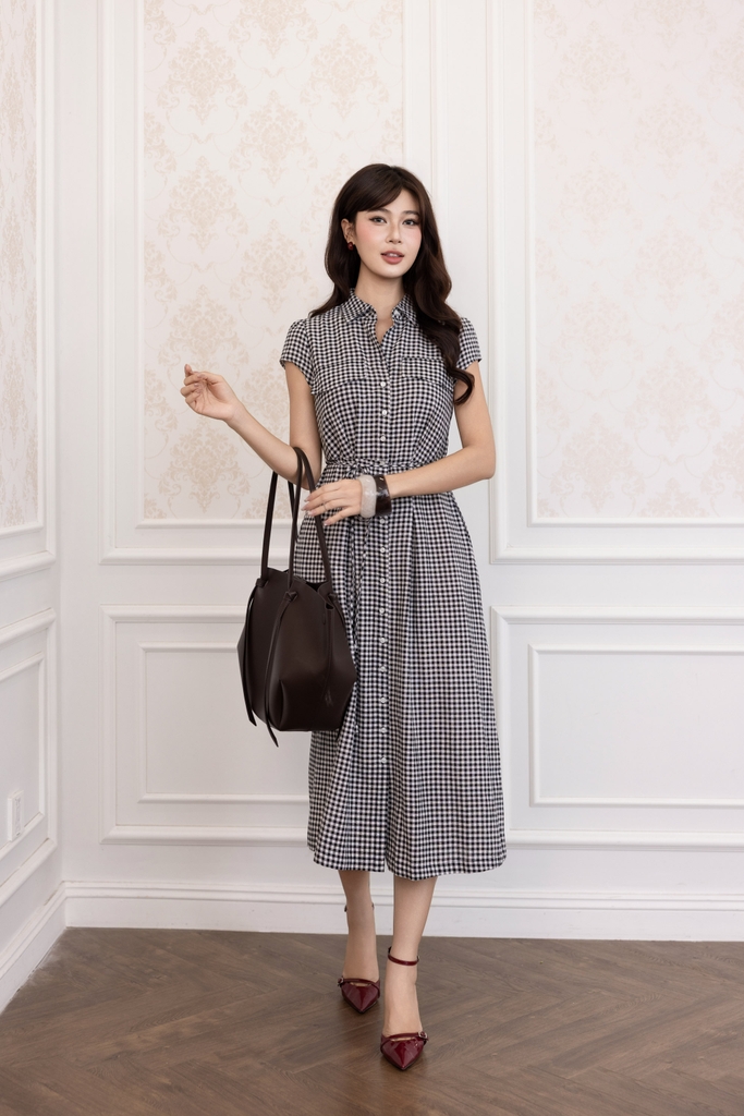 SWANLAKE | Váy Đầm Nữ Sơ Mi Caro Vải Linen Tay Ngắn Chiết Eo Buộc Dây Công Sở Dạo Phố D13800LW01