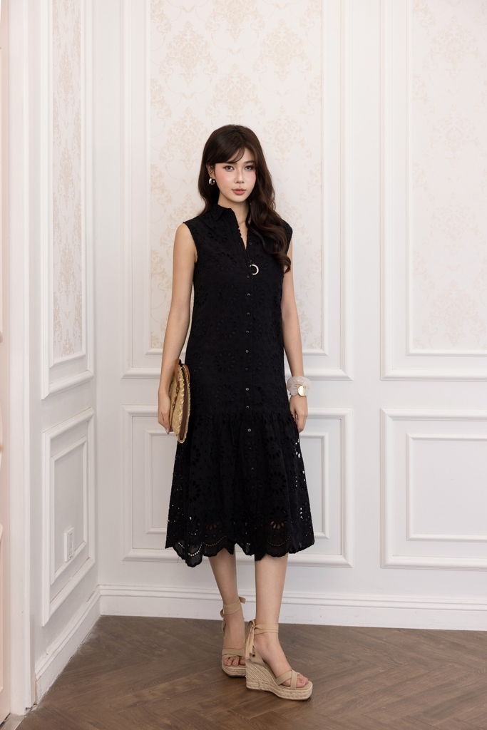 SWANLAKE | Váy Đầm Nữ Maxi Sơ Mi Suông Sát Nách Đuôi Cá Cotton Thêu Hoa Đục Lỗ Cài Nút Có Túi D12905LW01