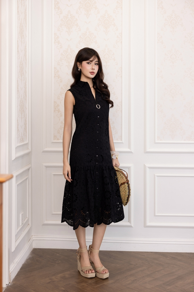 SWANLAKE | Váy Đầm Nữ Maxi Sơ Mi Suông Sát Nách Đuôi Cá Cotton Thêu Hoa Đục Lỗ Cài Nút Có Túi D12905LW01