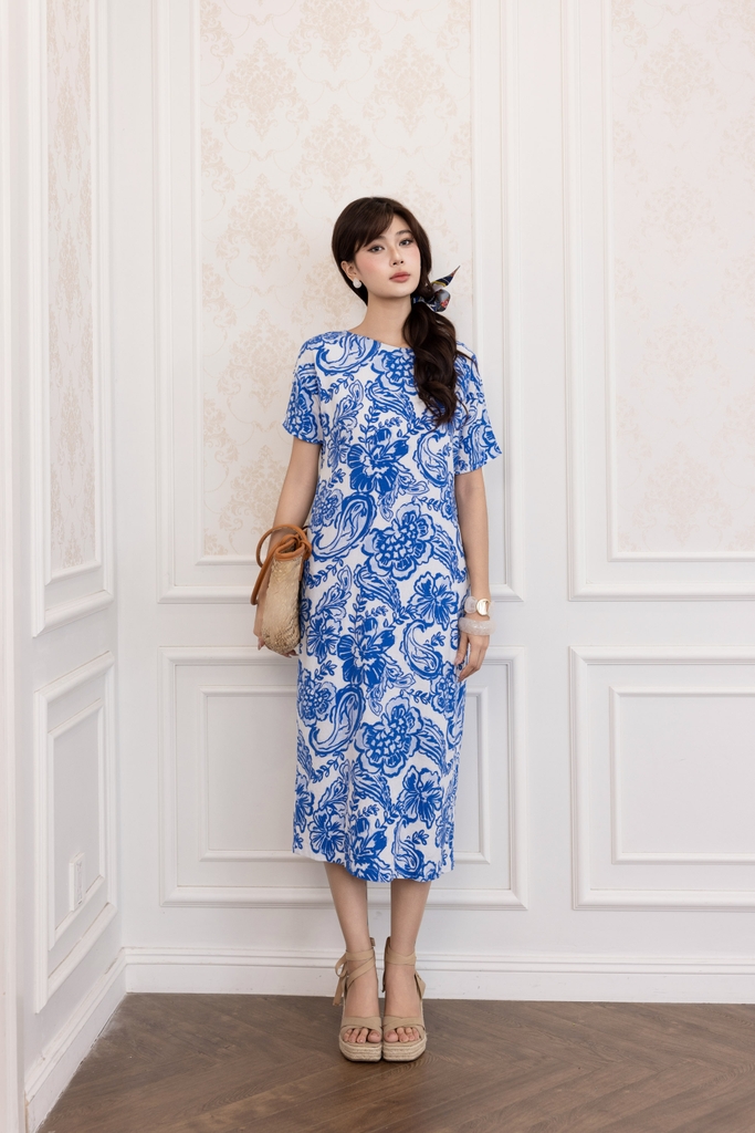 SWANLAKE | Váy Đầm Nữ Maxi Suông Vải Linen In Hoa Hè Cổ Thuyền Tay Ngắn Xẻ Tà Có Túi Du Lịch D12689LW03