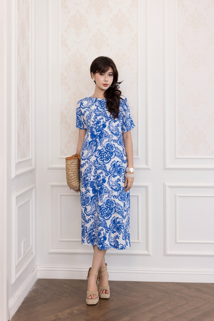 SWANLAKE | Váy Đầm Nữ Maxi Suông Vải Linen In Hoa Hè Cổ Thuyền Tay Ngắn Xẻ Tà Có Túi Du Lịch D12689LW03