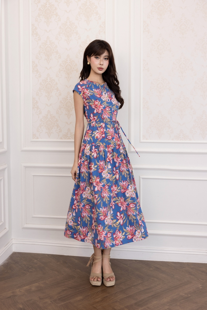 SWANLAKE | Váy Đầm Nữ Maxi Vải Linen Cổ Tròn Cài Nút Tay Hến Dây Thắt Eo In Hoa D13821LW01