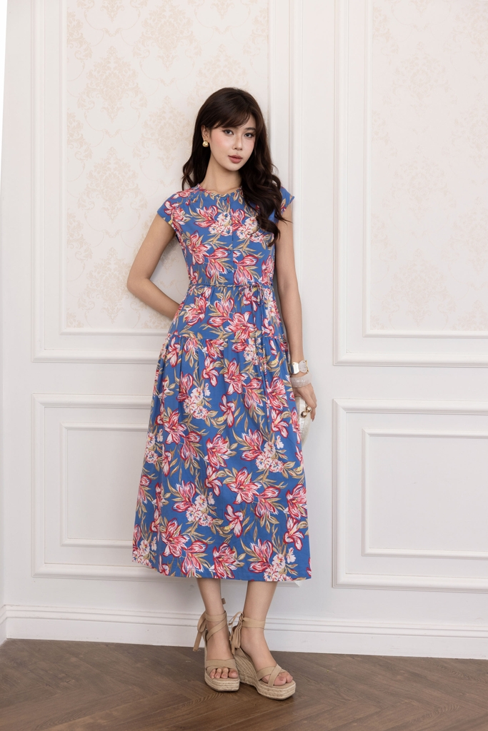 SWANLAKE | Váy Đầm Nữ Maxi Vải Linen Cổ Tròn Cài Nút Tay Hến Dây Thắt Eo In Hoa D13821LW01
