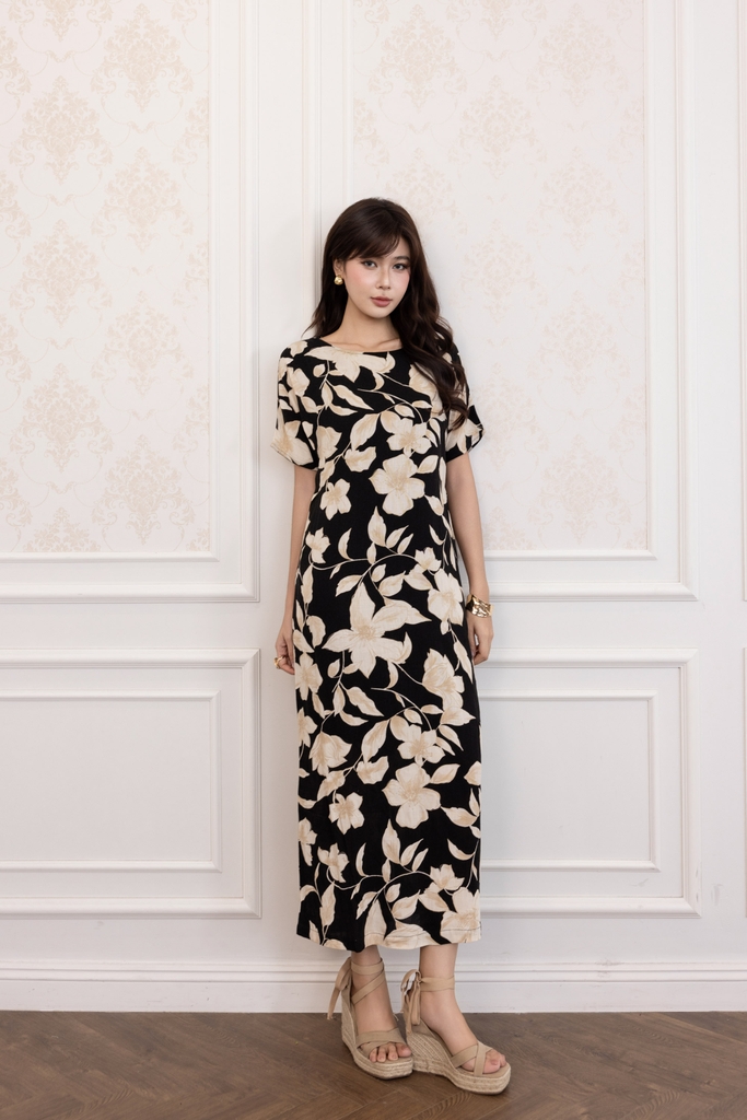 SWANLAKE | Váy Đầm Nữ Maxi Suông Vải Linen In Hoa Hè Cổ Thuyền Tay Ngắn Xẻ Tà Có Túi Du Lịch D12689LW03