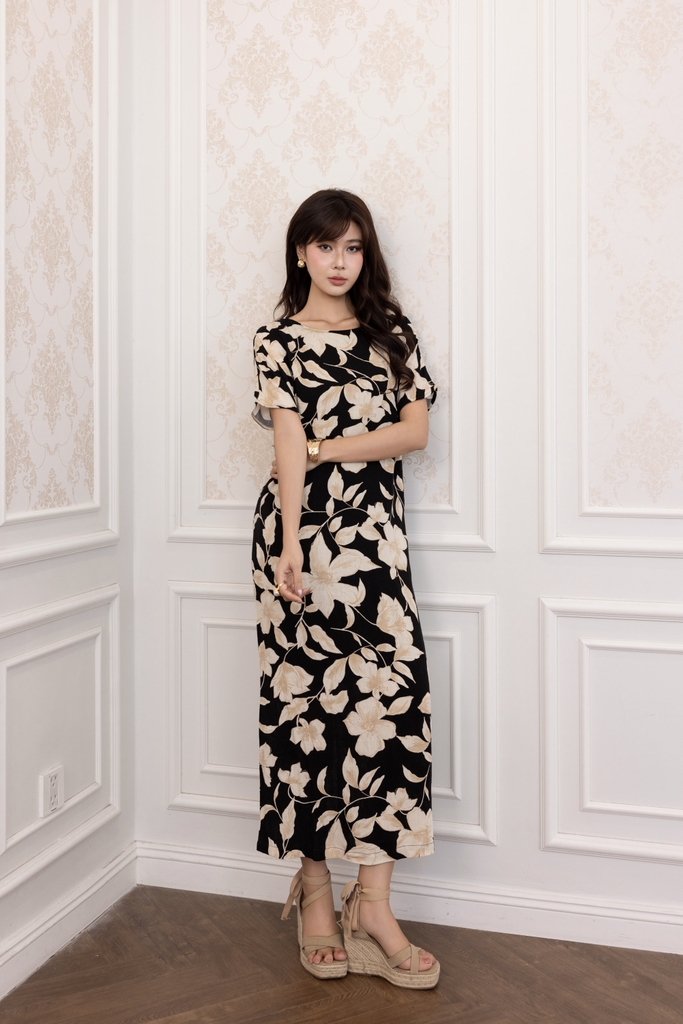 SWANLAKE | Váy Đầm Nữ Maxi Suông Vải Linen In Hoa Hè Cổ Thuyền Tay Ngắn Xẻ Tà Có Túi Du Lịch D12689LW03