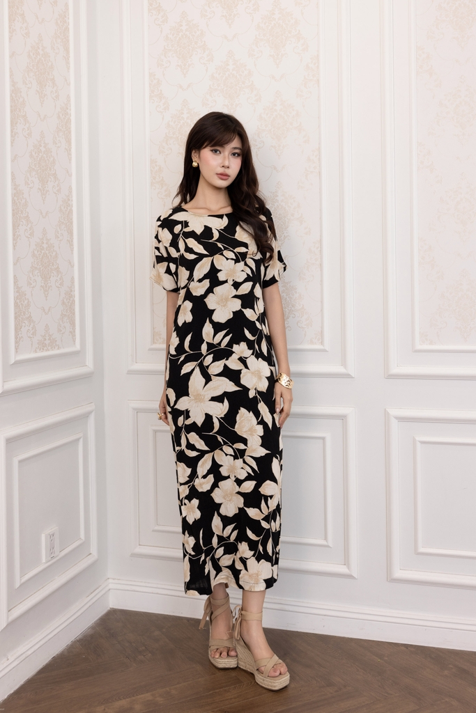 SWANLAKE | Váy Đầm Nữ Maxi Suông Vải Linen In Hoa Hè Cổ Thuyền Tay Ngắn Xẻ Tà Có Túi Du Lịch D12689LW03