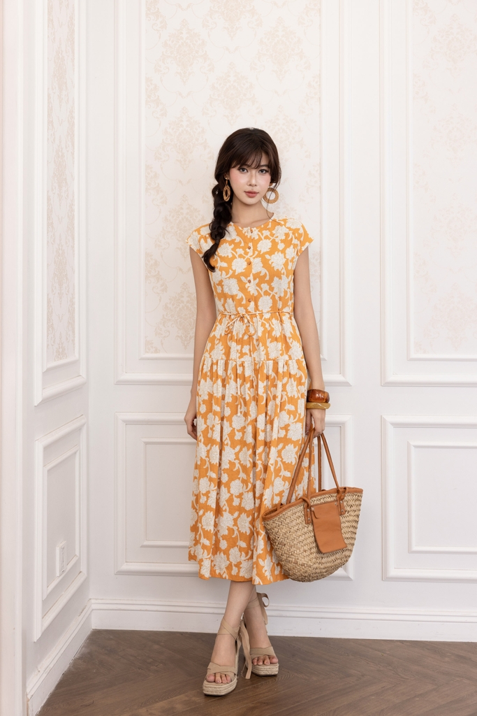SWANLAKE | Váy Đầm Nữ Maxi Vải Linen Cổ Tròn Cài Nút Tay Hến Dây Thắt Eo In Hoa D13821LW01