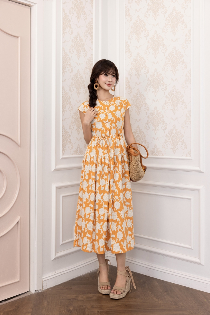 SWANLAKE | Váy Đầm Nữ Maxi Vải Linen Cổ Tròn Cài Nút Tay Hến Dây Thắt Eo In Hoa D13821LW01
