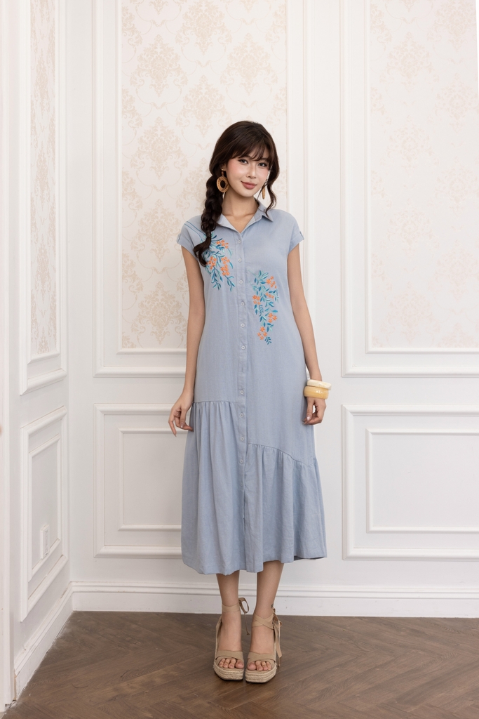 Đầm Maxi Suông Tay Hến Cổ Sơ Mi Linen Thêu Hoa D13603LW01
