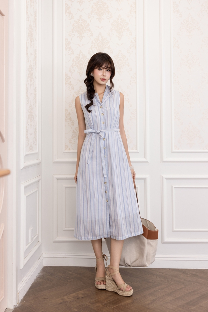 SWANLAKE | Váy Đầm Nữ Sơ Mi Sát Nách Cổ Bẻ Dây Thắt Eo Vải Xô Cotton Sọc Công Sở Dạo Phố Hè D13824LW01