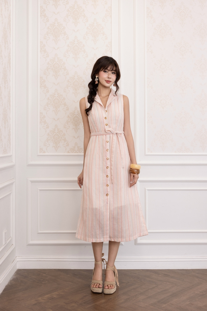 SWANLAKE | Váy Đầm Nữ Sơ Mi Sát Nách Cổ Bẻ Dây Thắt Eo Vải Xô Cotton Sọc Công Sở Dạo Phố Hè D13824LW01