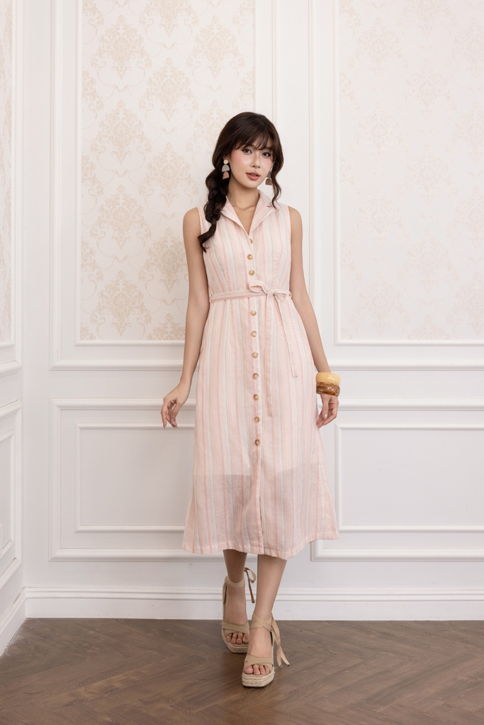 SWANLAKE | Váy Đầm Nữ Sơ Mi Sát Nách Cổ Bẻ Dây Thắt Eo Vải Xô Cotton Sọc Công Sở Dạo Phố Hè D13824LW01