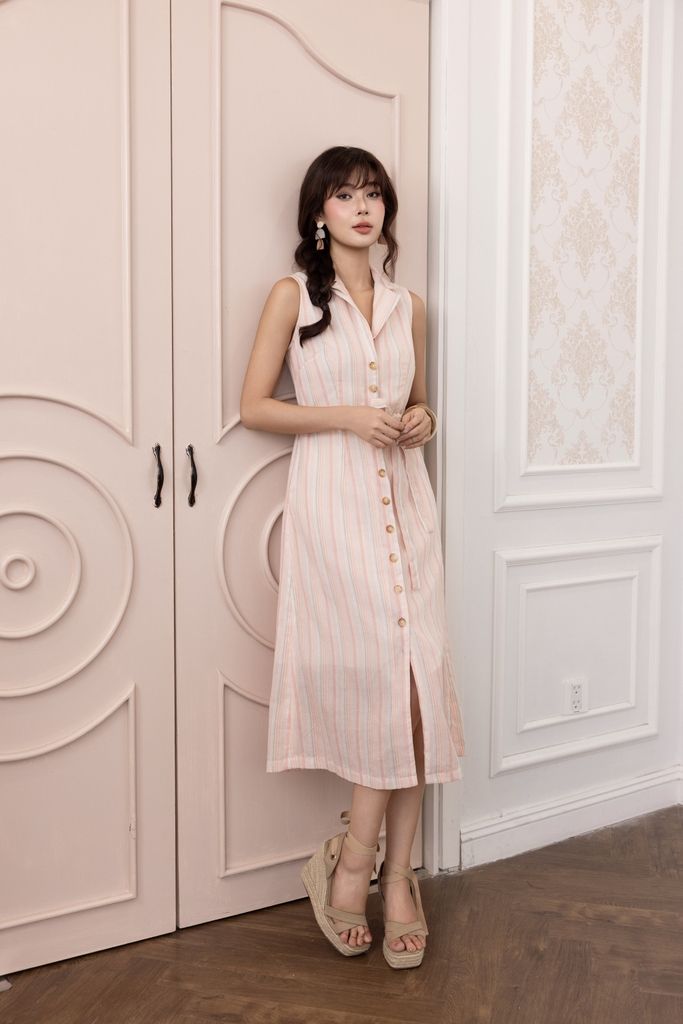 SWANLAKE | Váy Đầm Nữ Sơ Mi Sát Nách Cổ Bẻ Dây Thắt Eo Vải Xô Cotton Sọc Công Sở Dạo Phố Hè D13824LW01