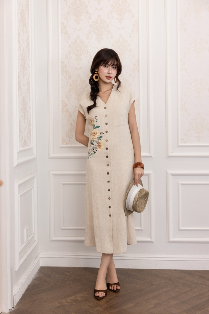 SWANLAKE | Váy Đầm Nữ Maxi Suông Tay Hến Cổ Chữ V Cài Nút Vải Linen Thêu Hoa Công Sở Dạo Phố D13782LW01