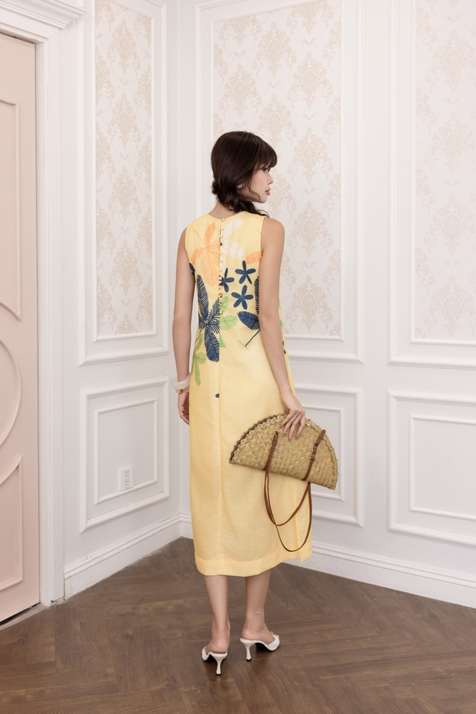 SWANLAKE | Váy Đầm Nữ Maxi Suông Sát Nách Xẻ Tà Linen Lụa In Hoa Cổ Tròn Du Lịch Biển Hè D12380LW06