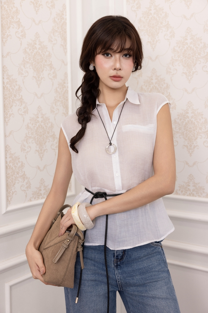 SWANLAKE | Áo Kiểu Nữ Cổ Sơ Mi Trơn Basic Vải Linen Tơ Sát Nách Vạt Bầu Công Sở Thanh Lịch A13816LW01