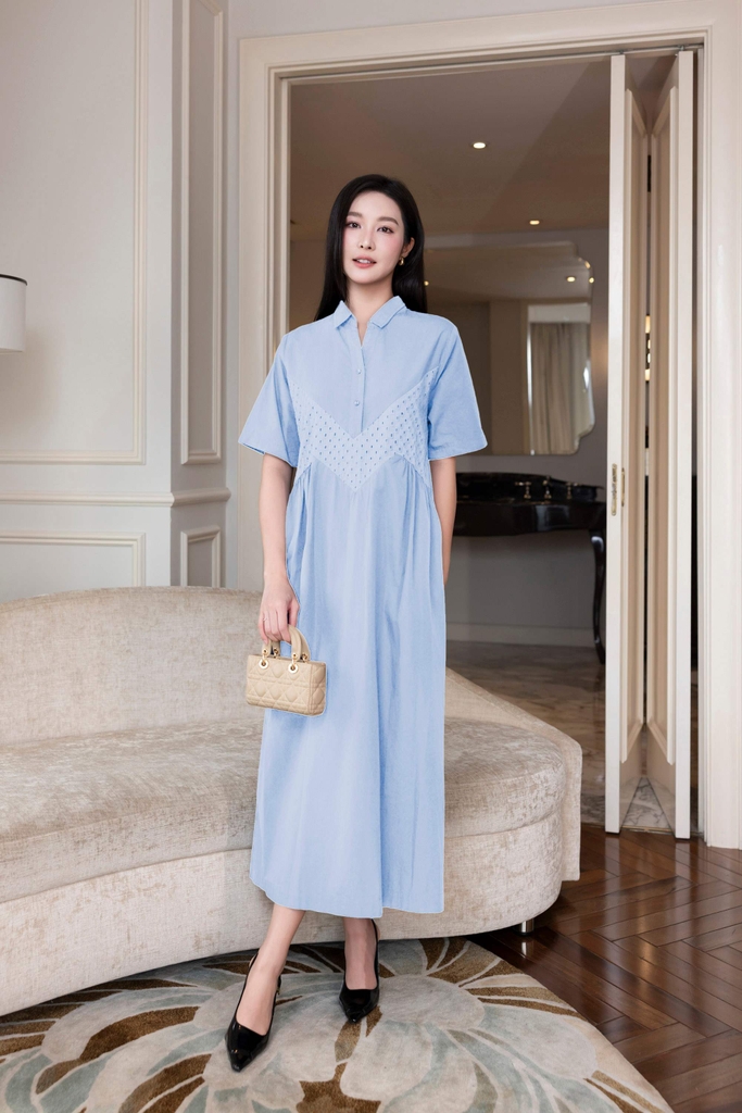 SWANLAKE | Váy Đầm Maxi Nữ Sơ Mi Suông Cài Nút Vải Cotton Phối Lưới Tay Ngắn Nhấn Eo Công Sở D12788LW01