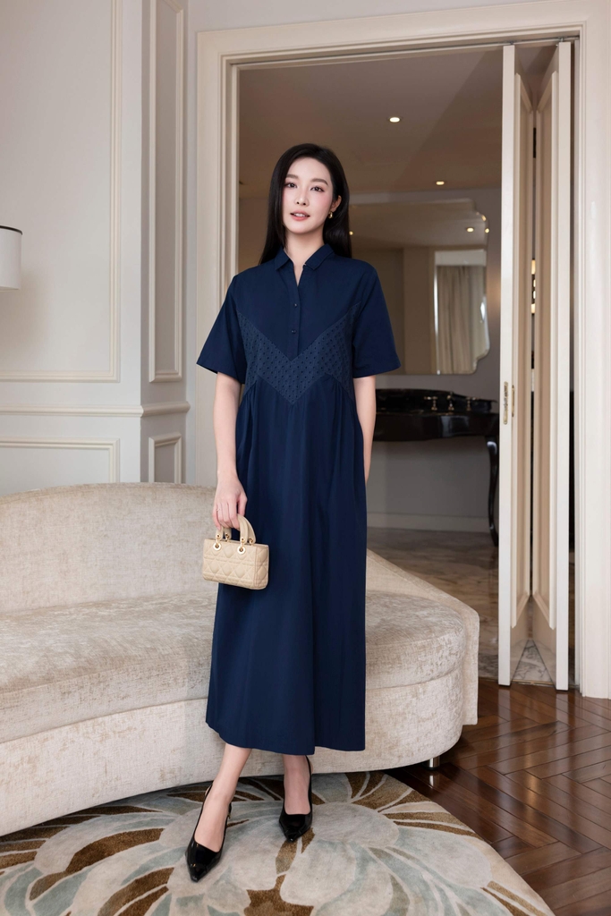 SWANLAKE | Váy Đầm Maxi Nữ Sơ Mi Suông Cài Nút Vải Cotton Phối Lưới Tay Ngắn Nhấn Eo Công Sở D12788LW01