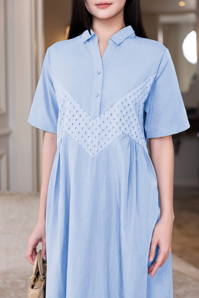 SWANLAKE | Váy Đầm Maxi Nữ Sơ Mi Suông Cài Nút Vải Cotton Phối Lưới Tay Ngắn Nhấn Eo Công Sở D12788LW01