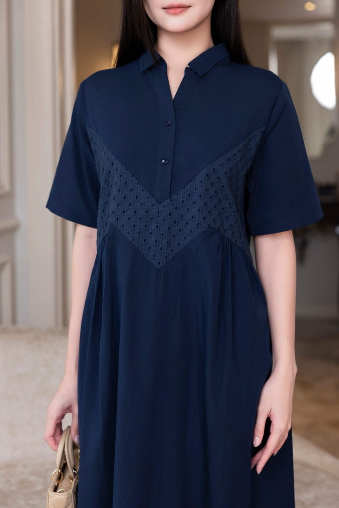 SWANLAKE | Váy Đầm Maxi Nữ Sơ Mi Suông Cài Nút Vải Cotton Phối Lưới Tay Ngắn Nhấn Eo Công Sở D12788LW01