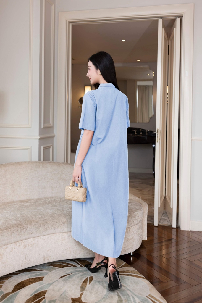 SWANLAKE | Váy Đầm Maxi Nữ Sơ Mi Suông Cài Nút Vải Cotton Phối Lưới Tay Ngắn Nhấn Eo Công Sở D12788LW01