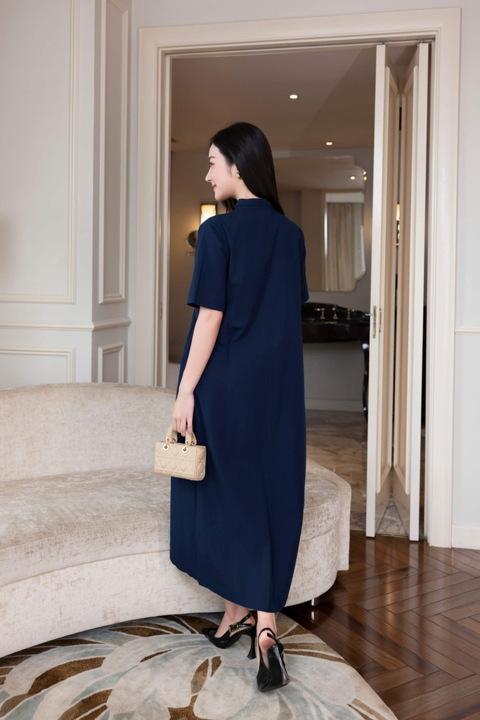 SWANLAKE | Váy Đầm Maxi Nữ Sơ Mi Suông Cài Nút Vải Cotton Phối Lưới Tay Ngắn Nhấn Eo Công Sở D12788LW01