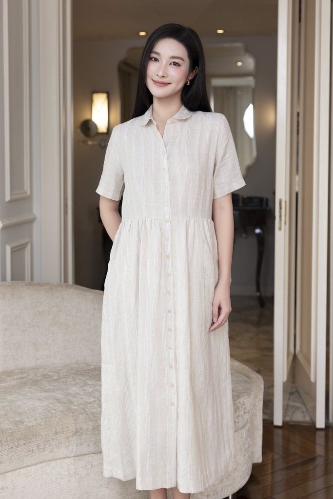 SWANLAKE | Váy Đầm Sơ Mi Nữ Midi Suông Cài Nút Sọc Dọc Nhấn Eo Xếp Ly Công Sở Linen Có Túi D12498LW02