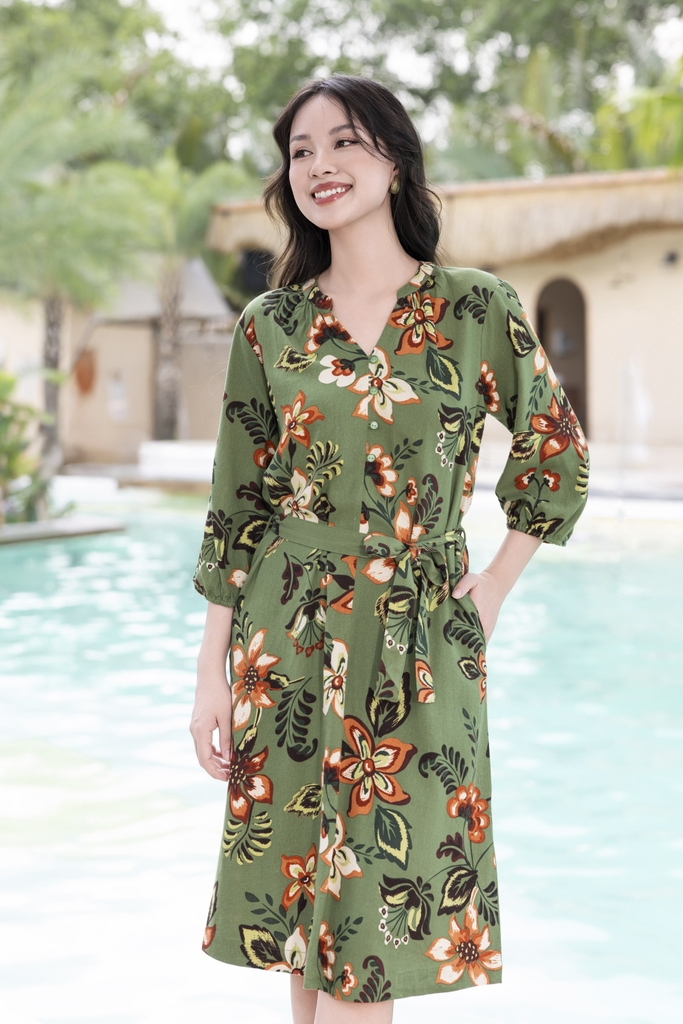 SWANLAKE | Váy Đầm Nữ Suông Dây Thắt Eo Cổ Trụ Đính Nút Vải Linen In Hoa Hè Tay Bí Lỡ Có Túi D12671LW03