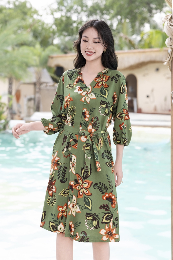 SWANLAKE | Váy Đầm Nữ Suông Dây Thắt Eo Cổ Trụ Đính Nút Vải Linen In Hoa Hè Tay Bí Lỡ Có Túi D12671LW03