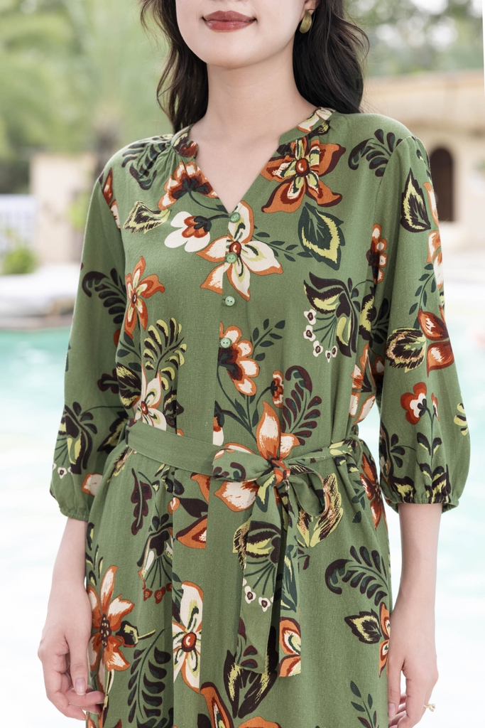SWANLAKE | Váy Đầm Nữ Suông Dây Thắt Eo Cổ Trụ Đính Nút Vải Linen In Hoa Hè Tay Bí Lỡ Có Túi D12671LW03