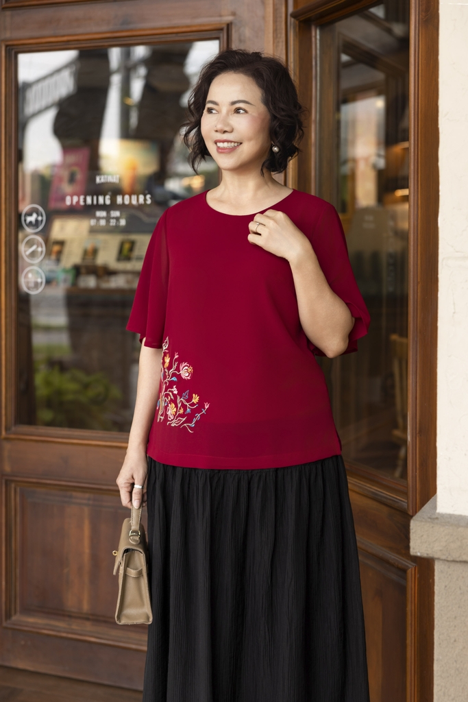 M COLLECTION | Áo Trung Niên Tay Cánh Tiên Tặng Mẹ Sang Trọng Lụa Chiffon Thêu A12084LW02