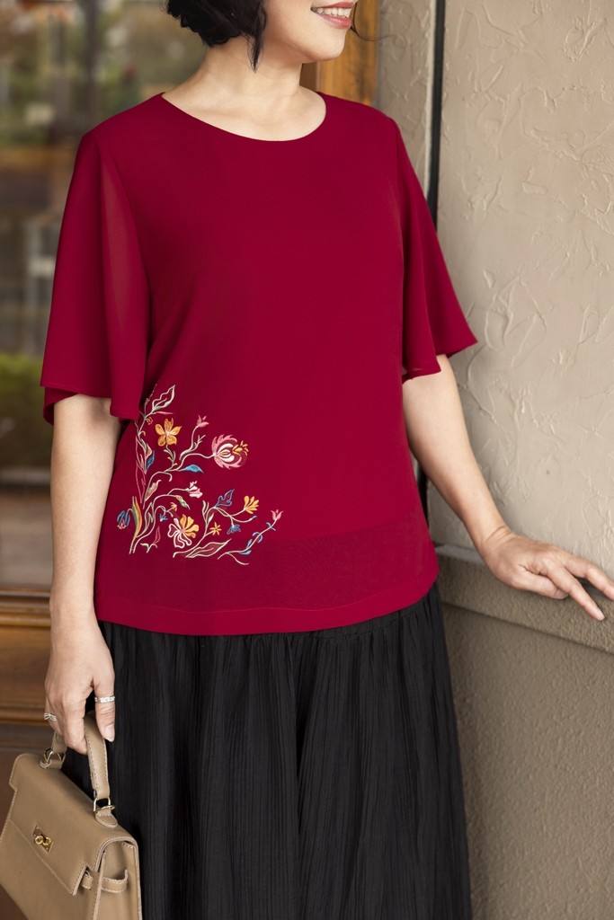 M COLLECTION | Áo Trung Niên Tay Cánh Tiên Tặng Mẹ Sang Trọng Lụa Chiffon Thêu A12084LW02
