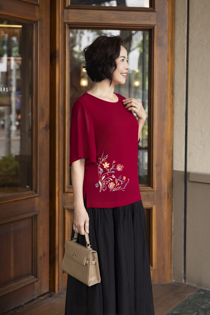 M COLLECTION | Áo Trung Niên Tay Cánh Tiên Tặng Mẹ Sang Trọng Lụa Chiffon Thêu A12084LW02