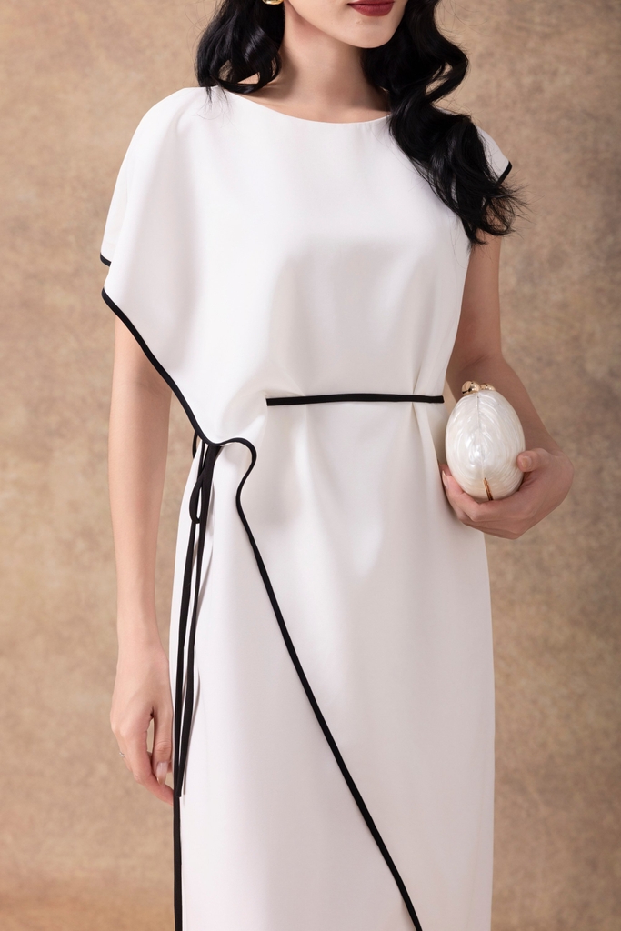 SWANLAKE | Váy Đầm Maxi Dự Tiệc Lụa Dày Cao Cấp Sang Trọng Cổ Tròn Tay Ngắn Dây Thắt Eo D13136LW01