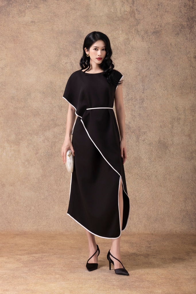 SWANLAKE | Váy Đầm Maxi Dự Tiệc Lụa Dày Cao Cấp Sang Trọng Cổ Tròn Tay Ngắn Dây Thắt Eo D13136LW01