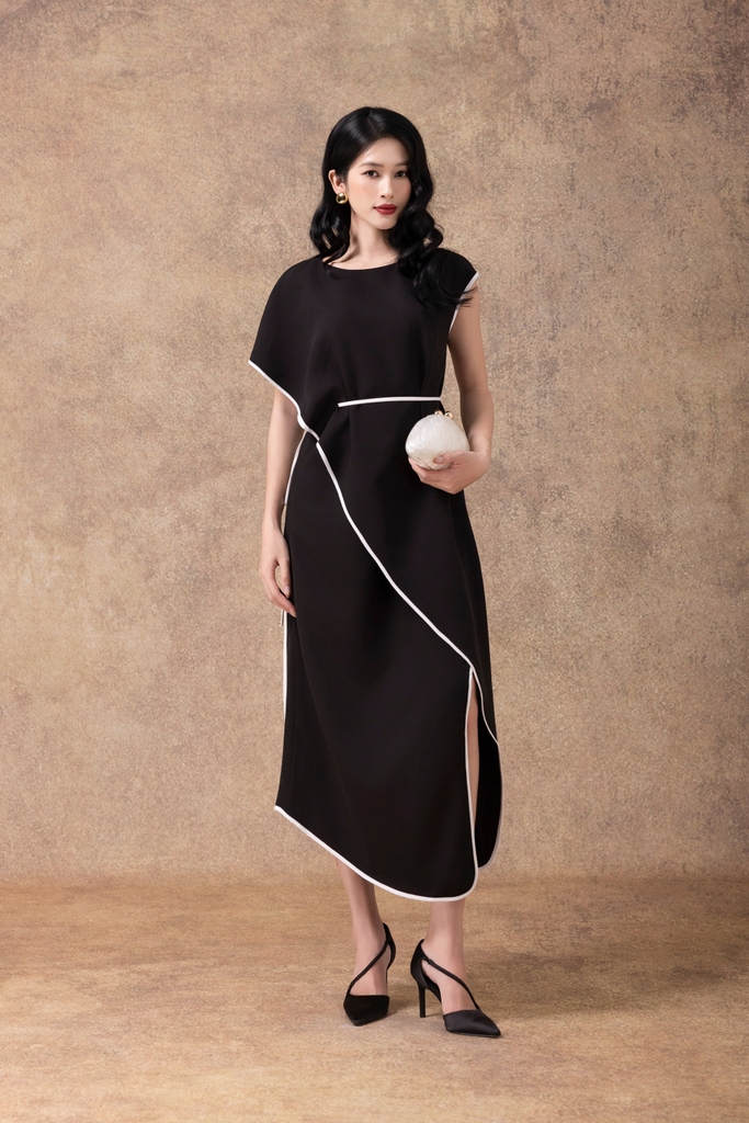 SWANLAKE | Váy Đầm Maxi Dự Tiệc Lụa Dày Cao Cấp Sang Trọng Cổ Tròn Tay Ngắn Dây Thắt Eo D13136LW01