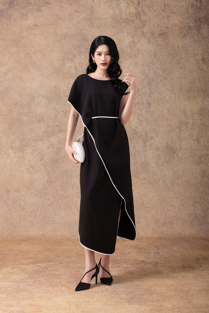 SWANLAKE | Váy Đầm Maxi Dự Tiệc Lụa Dày Cao Cấp Sang Trọng Cổ Tròn Tay Ngắn Dây Thắt Eo D13136LW01