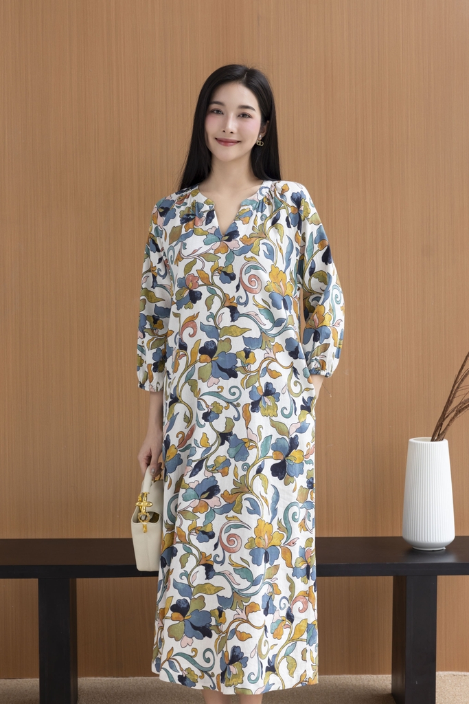 SWANLAKE | Váy Đầm Nữ Maxi Suông Cổ Trụ Nhún Vai Linen In Hoa Hè Tay Bí Dài Có Túi Du Lịch D12635LW01