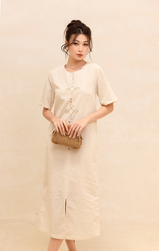Đầm Nữ Công Sở Phom Suông Linen Suông Thêu Hoa Swanlake - D12418LW01
