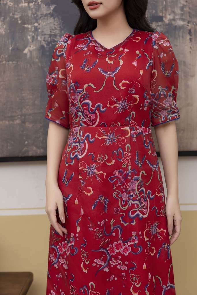 SWANLAKE | Váy Đầm Nữ Maxi Suông Vải Tơ In Hoa Cổ Tròn Tay Bí Phồng Chiết Eo Đi Tiệc Công Sở D13245LW01