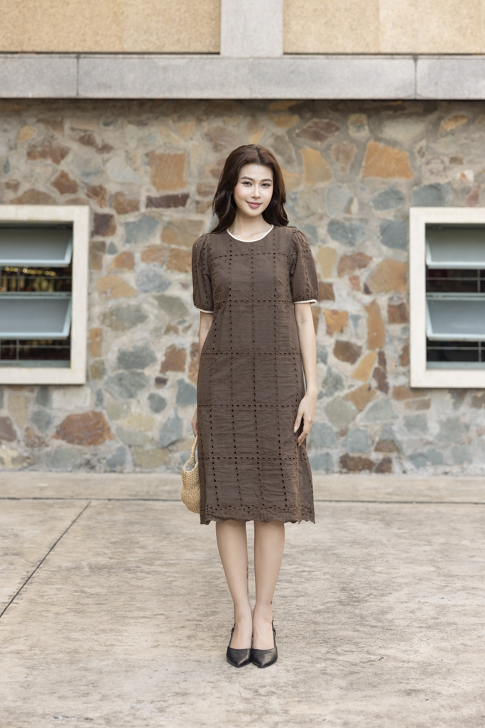 Váy Đầm Nữ Midi Vải Cotton Thêu Đục Lỗ Cổ Tròn Tay Ngắn D13482LW01