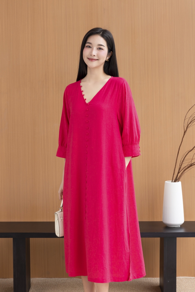 Váy Đầm Nữ Midi Suông Trơn Xẻ Tà Linen Cổ Tim Tay Nẹp Lỡ Có Túi Đính Nút Công Sở D11248LW03