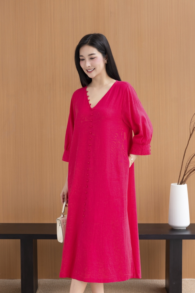 Váy Đầm Nữ Midi Suông Trơn Xẻ Tà Linen Cổ Tim Tay Nẹp Lỡ Có Túi Đính Nút Công Sở D11248LW03